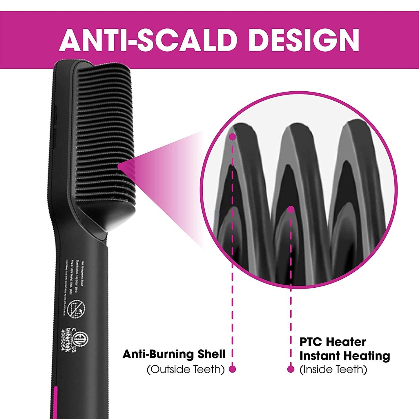 2-in-1 Ionic Straightening Brush with 3 heat levels & anti-scald comb.